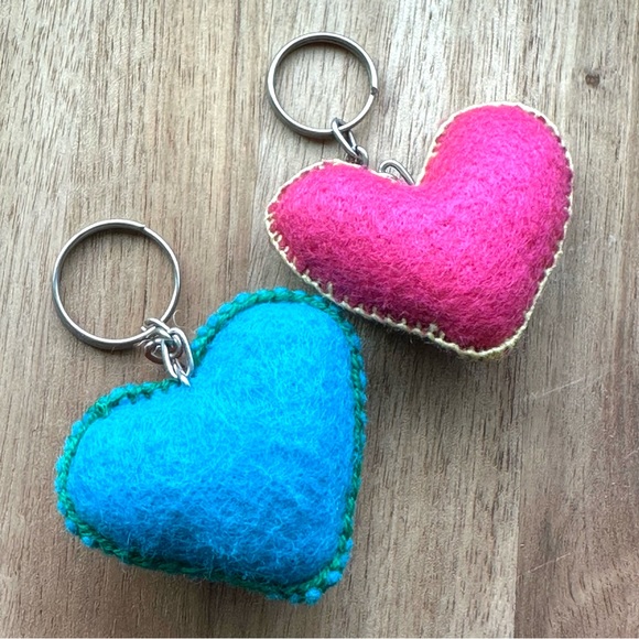 Two Hand Embroidered Hearts Mexican Ornament Heart Keychain Corazon Bordado - Picture 3 of 5